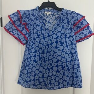 Entro Blue and Red Flutter Sleeve Ruffled Blouse